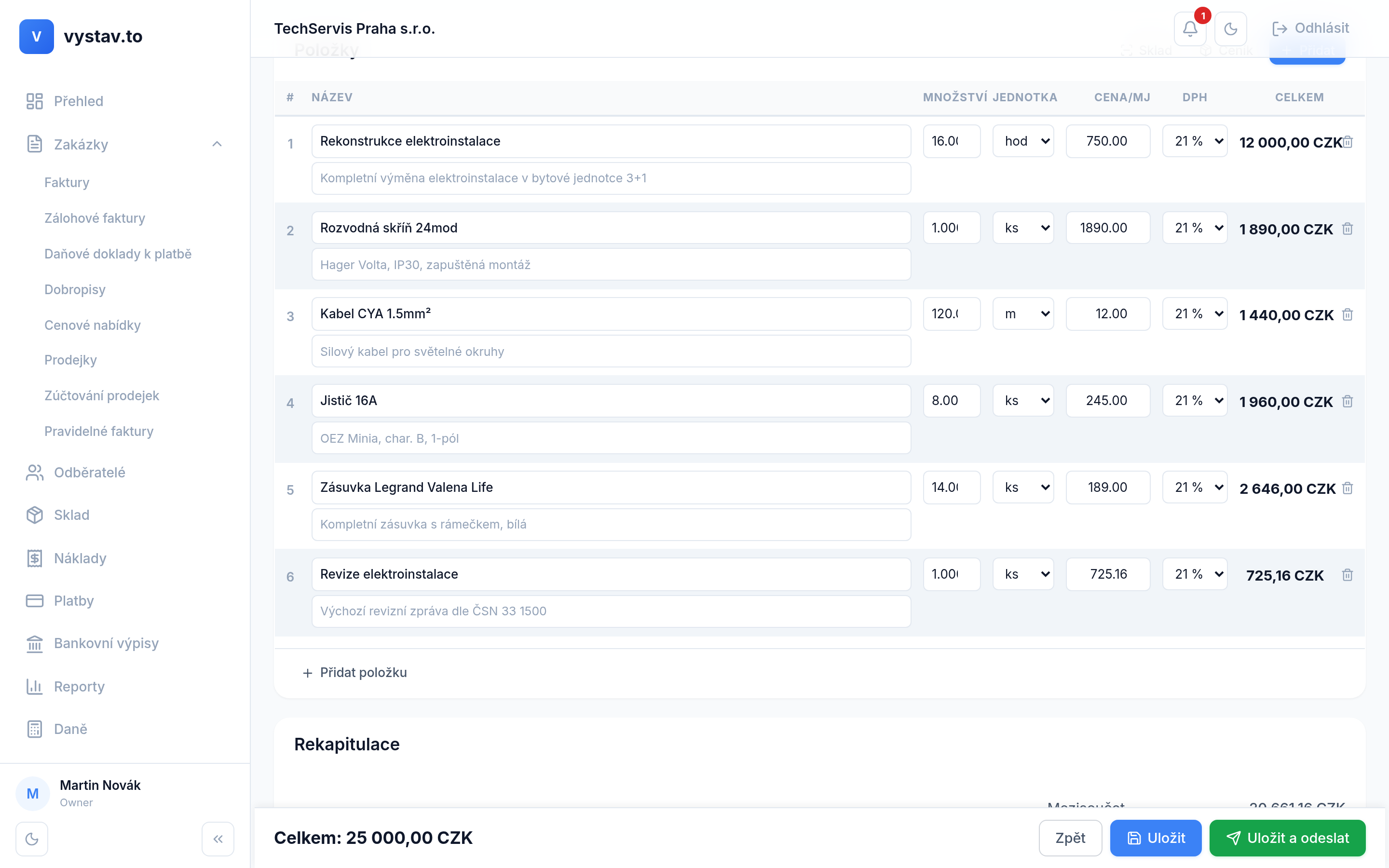Editor faktur vystav.to: formulář pro vystavení faktury s položkami, DPH a splatností