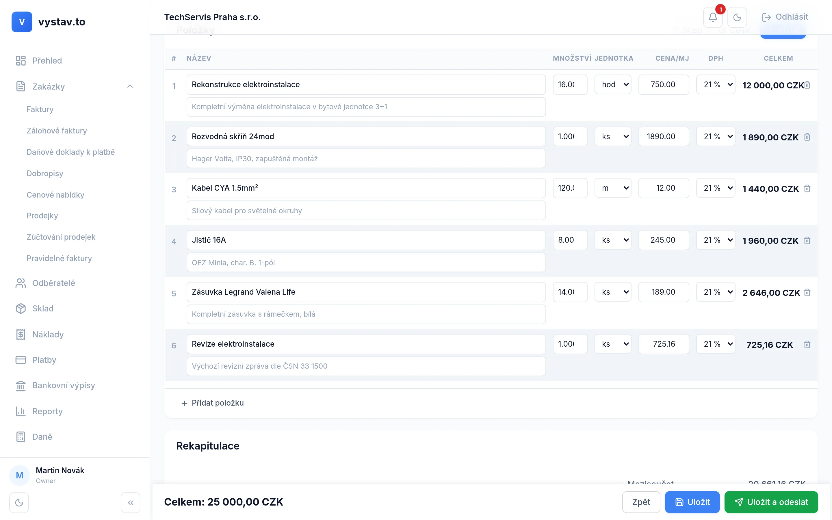 Editor faktury ve vystav.to — náhled formuláře