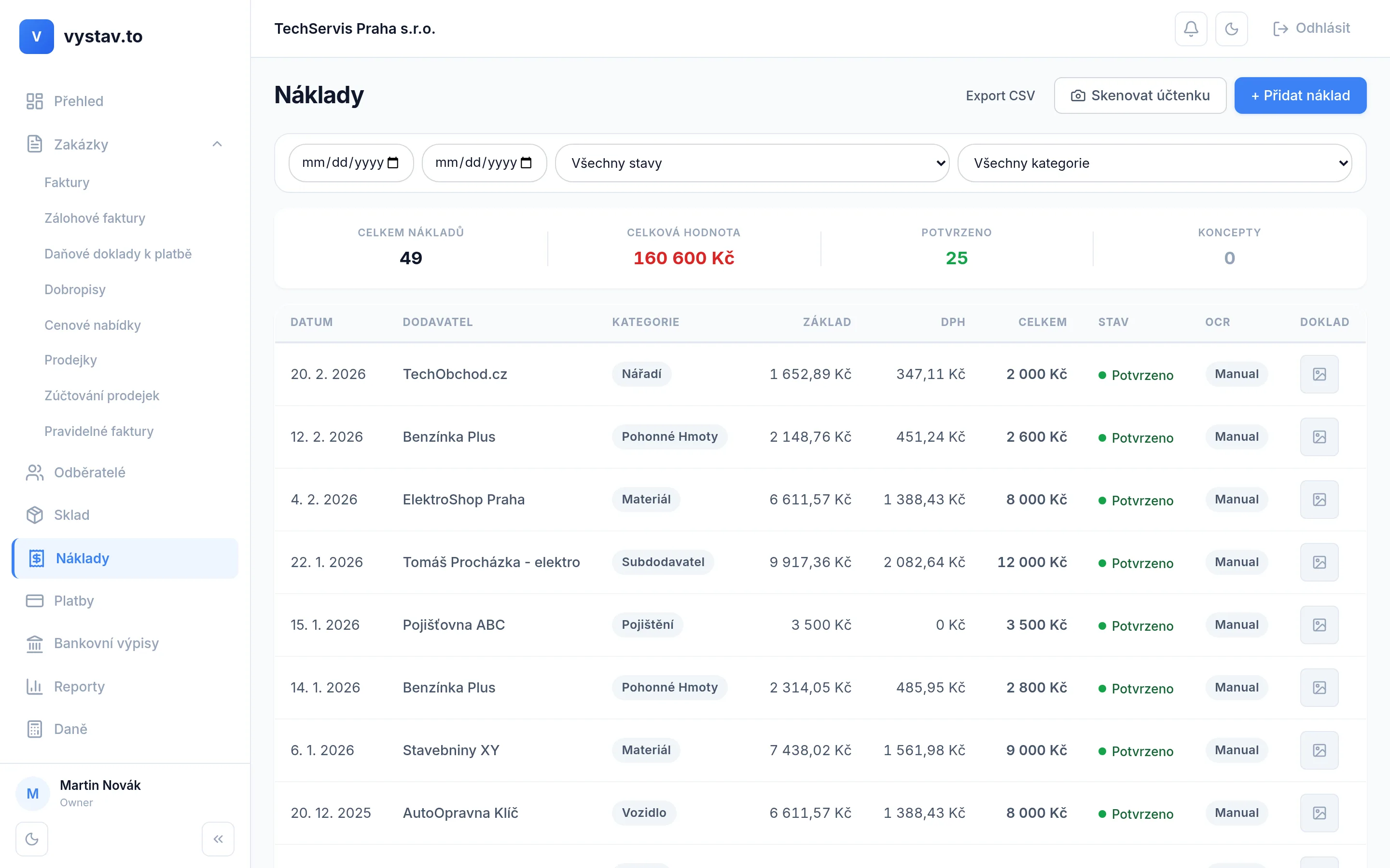 vystav.to — evidence nákladů a skenování účtenek s OCR
