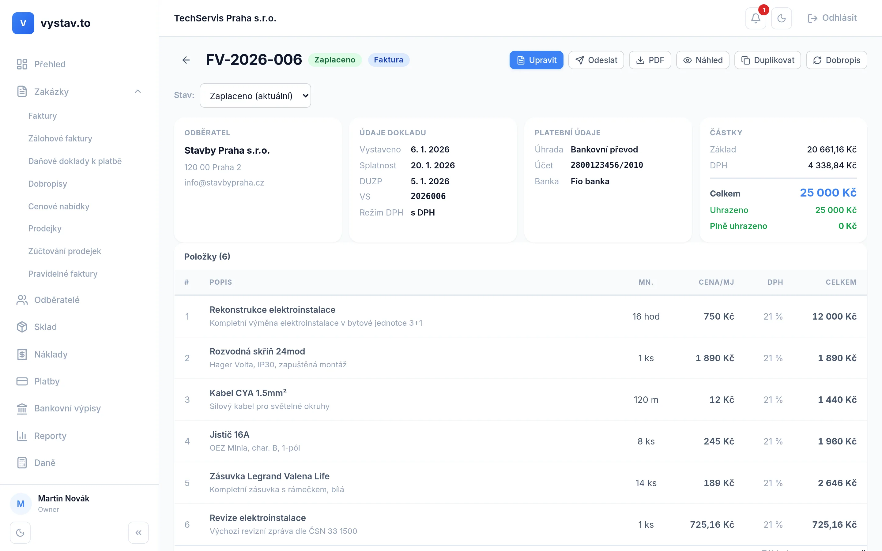 Detail faktury s QR kódem ve vystav.to