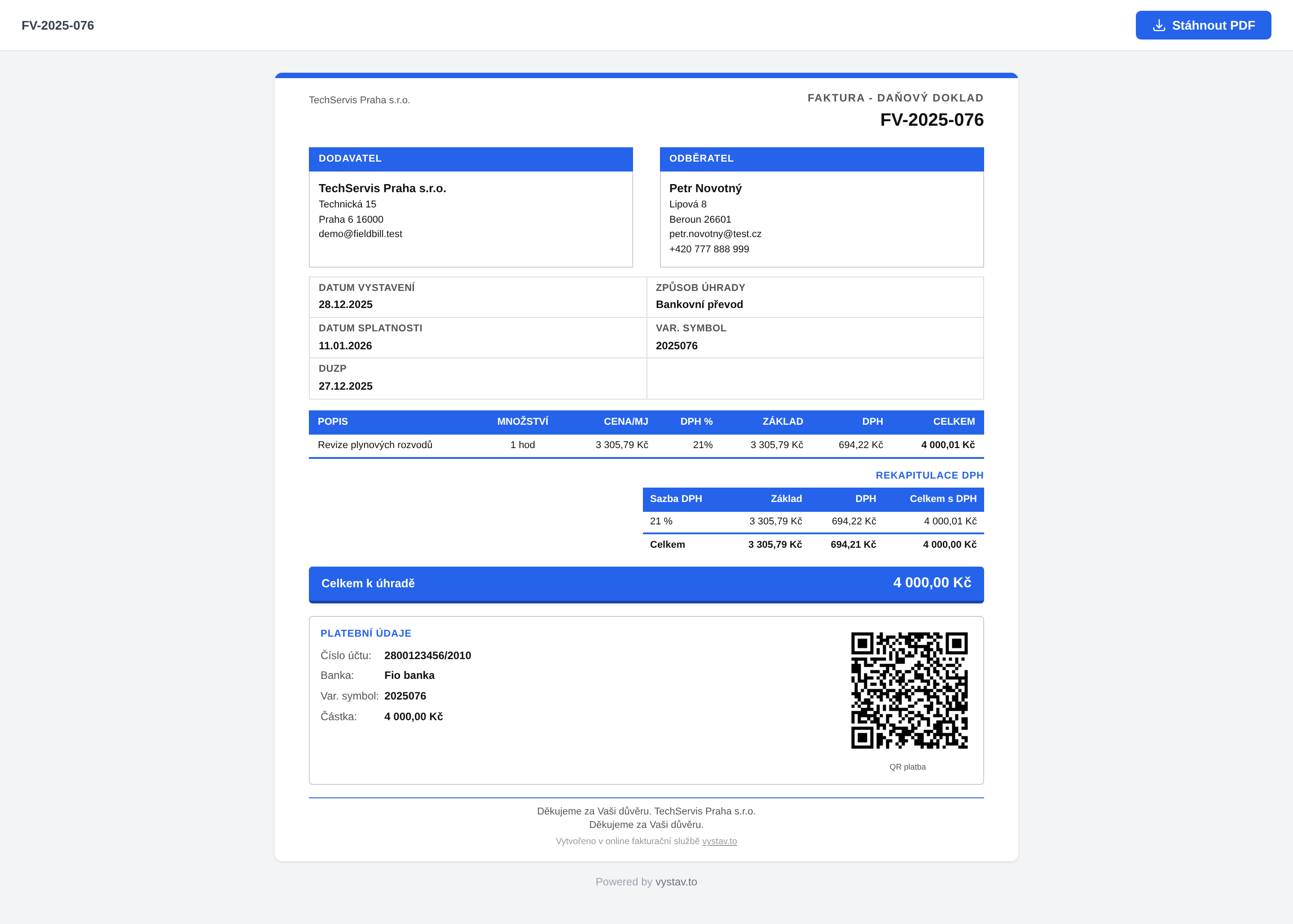 Ukázka PDF faktury z vystav.to: šablona s QR kódem SPAYD, logem firmy a barevným akcentem
