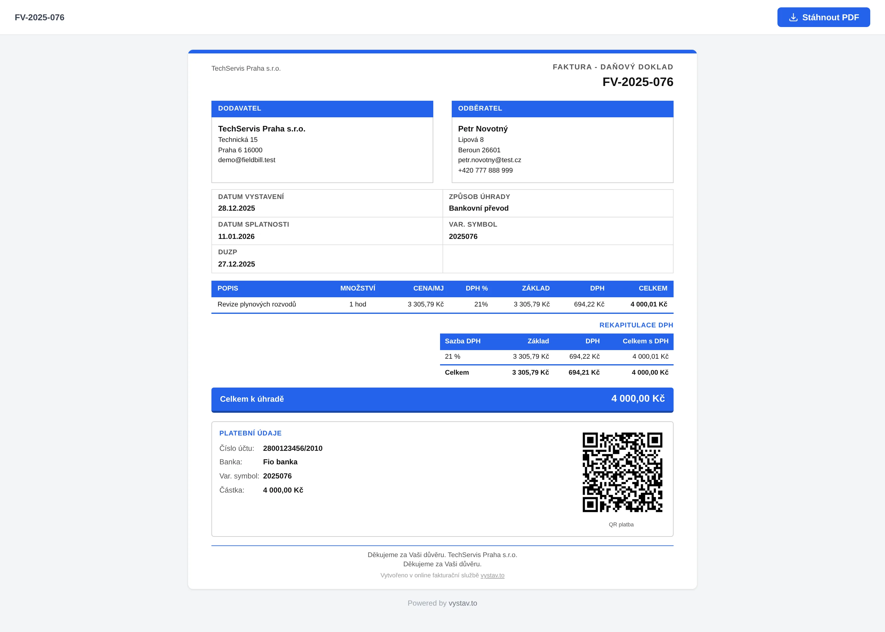 Náhled PDF faktury vygenerované systémem vystav.to