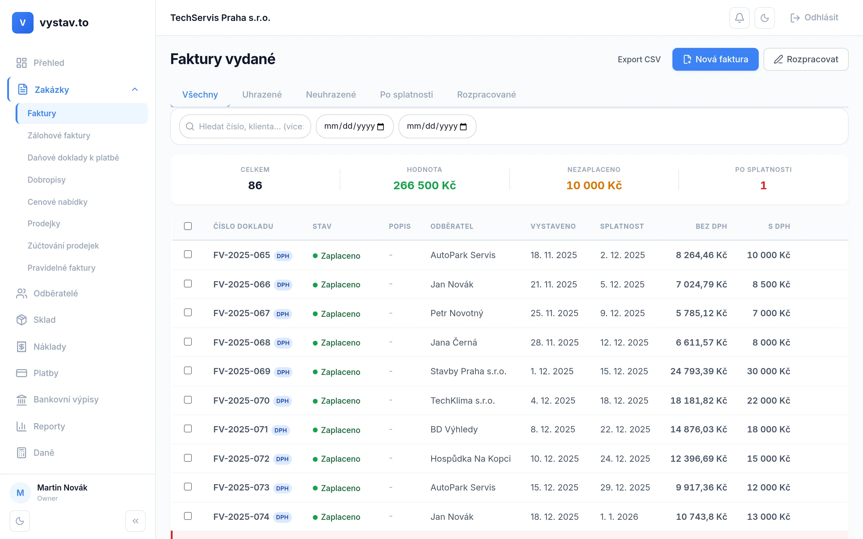Přehled faktur ve fakturačním systému vystav.to