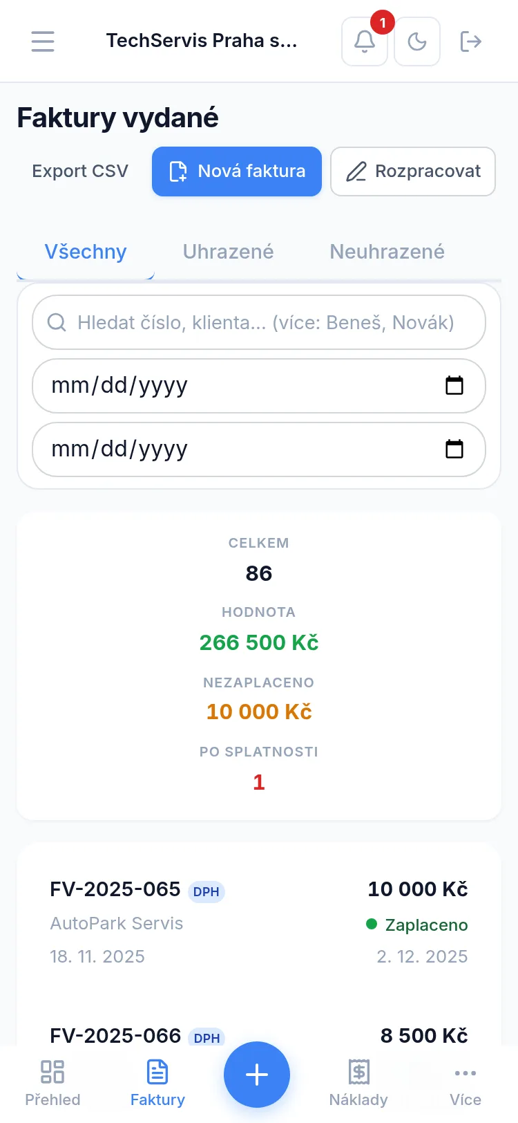 vystav.to — seznam faktur v mobilní aplikaci pro řemeslníky