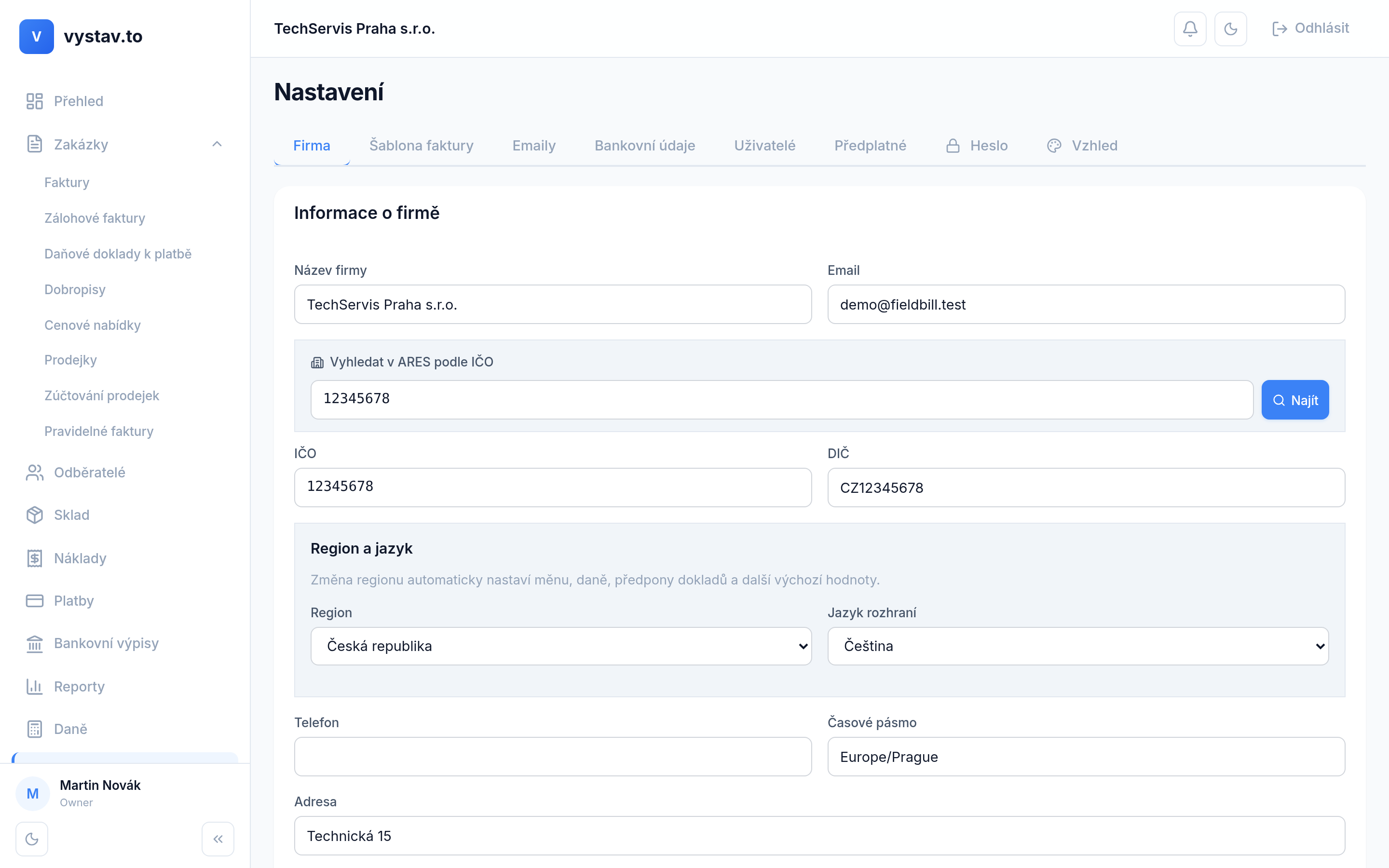 Nastavení fakturačního systému vystav.to — firemní profil a zabezpečení