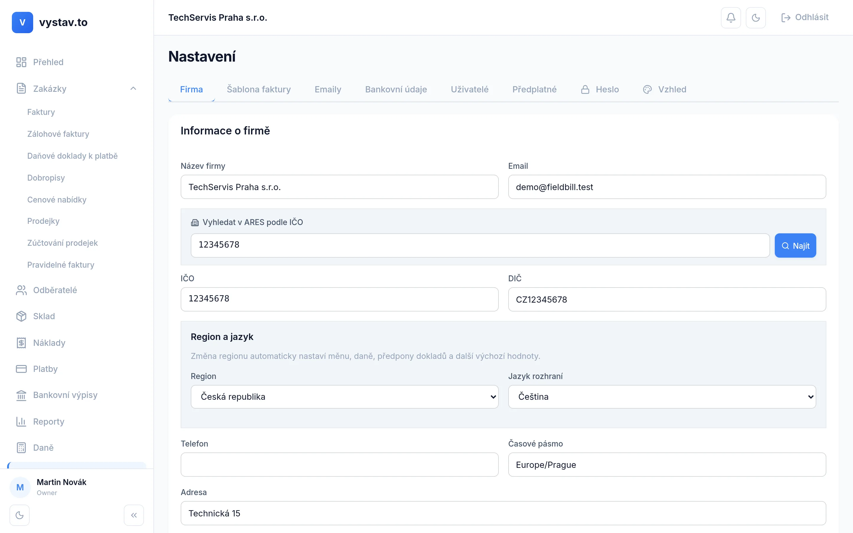 Nastavení firmy ve vystav.to — DIČ a nastavení plátce DPH